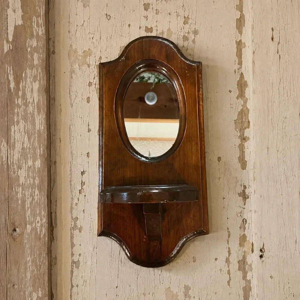 Vintage Wood Wall Mirror with Shelf Oval Glass Scalloped Brown 13x6 Farmhouse